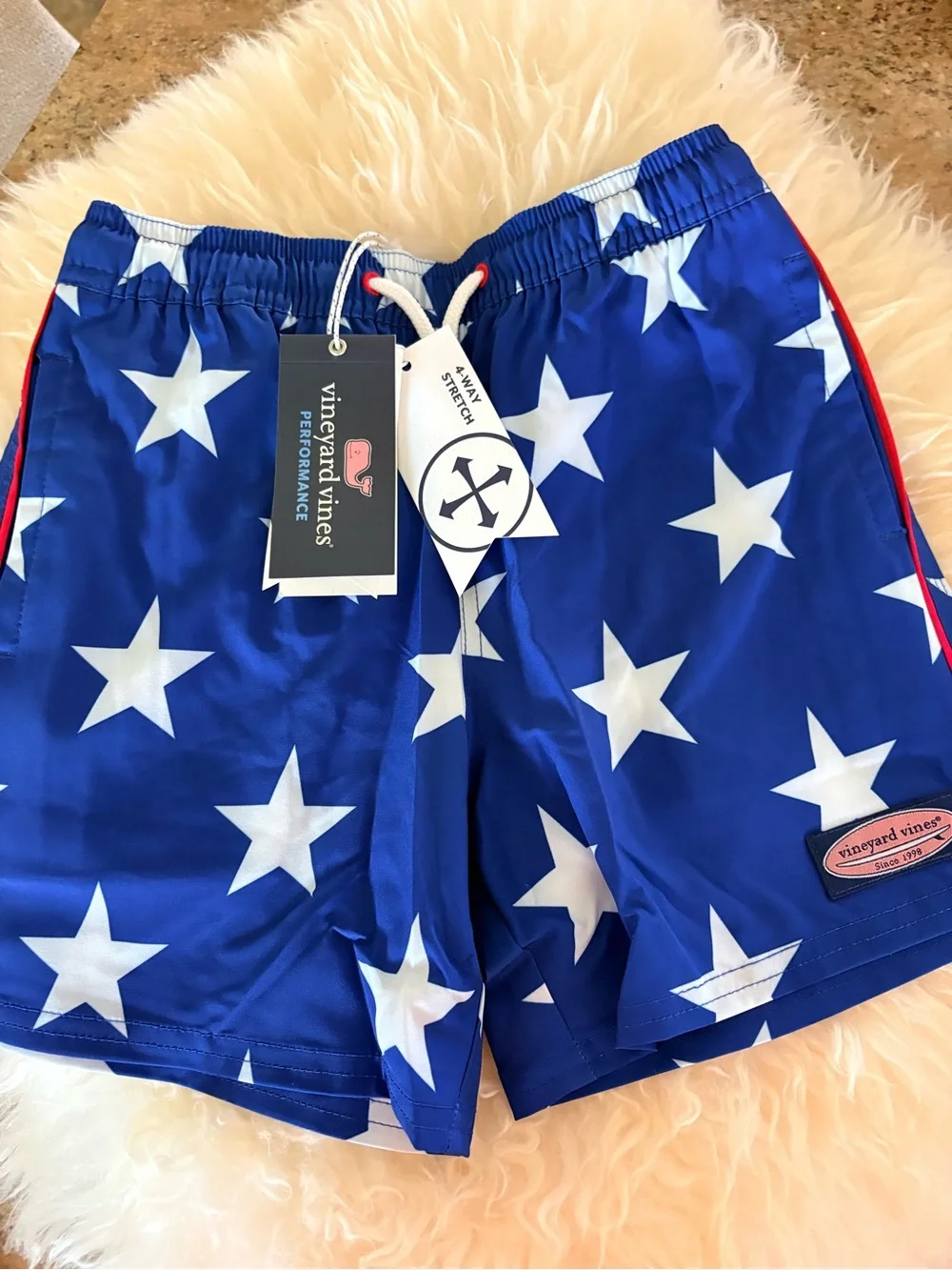 Vineyard Vines Boys Blue Star Swim Shorts with Red Trim
